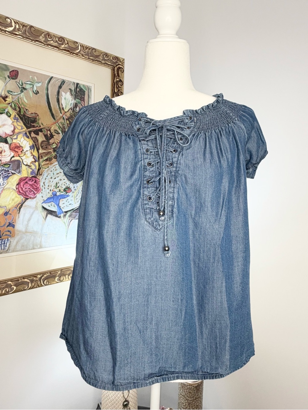 Paper Crane Small Blue Tencel Chambray Lace Up Peasant Blouse Boho Top